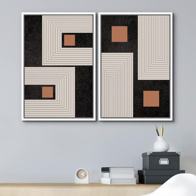 Geometric Line " Black And Brown Geometric Spiral Square Abstract Shapes Modern Chic " 2 - Pieces
