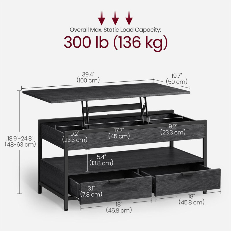 Lift Top Coffee Table with Storage Drawers, Black