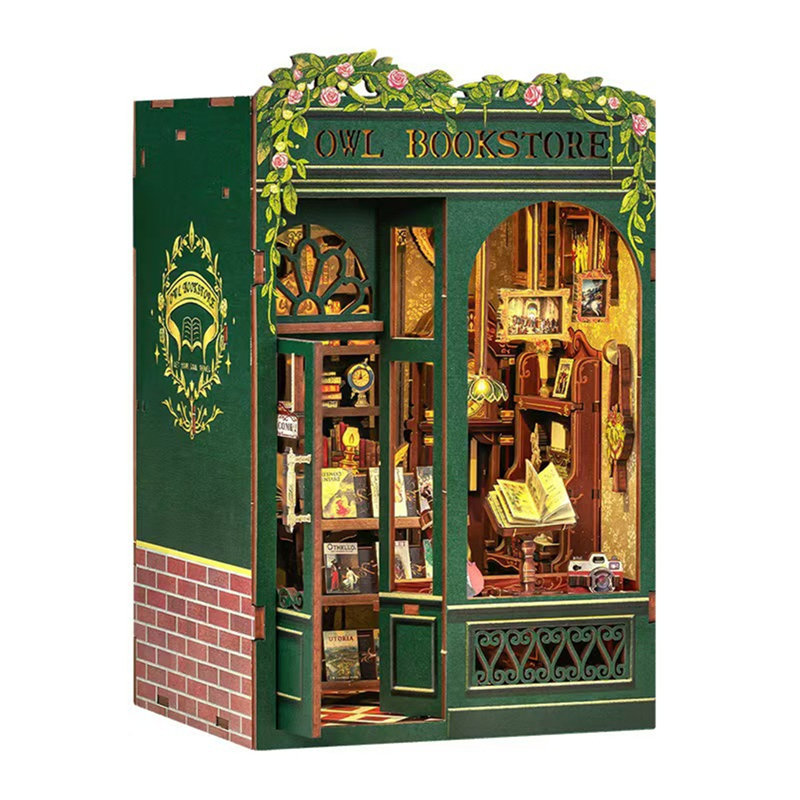 Ensemble de coin-livre miniature Diy | Décoration artisanale en bois hibou libellule 3D avec lumières DEL, décoration de table