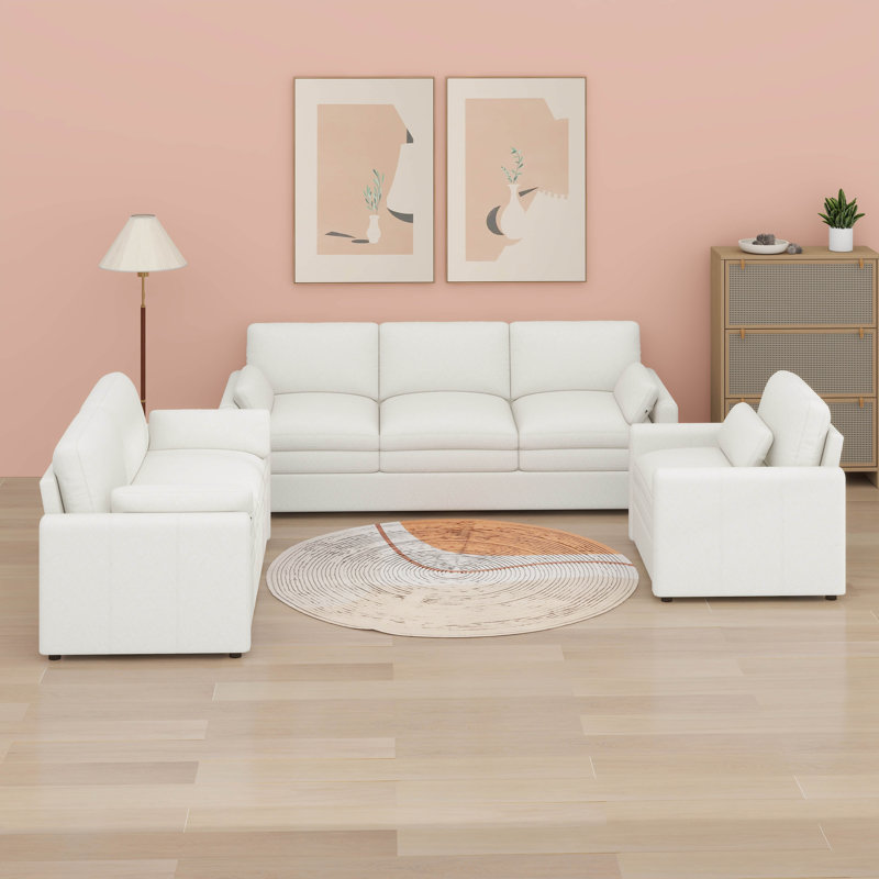 3 Pieces Oversized Cozy Sofa Set With Double Plush Cushion, Comfy Upholstered Cloud Couches, Beige