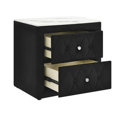 Table de chevet rectangulaire moderne 1pc noir avec plateau en faux marbre, revêtement en tissu à boutons et deux tiroirs pour un rangement sophistiqué dans la chambre à coucher