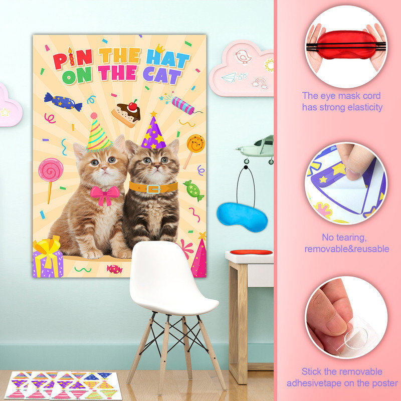 Pin The Hat on The Cat Party Games, 7 Pcs Cat Birthday Party Games Kit