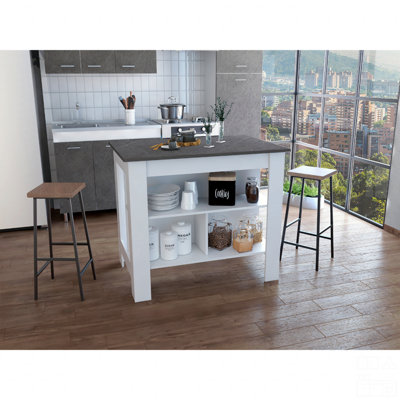 Îlot de cuisine, table de cuisine H 35 po, quatre pieds, trois tablettes de rangement ouvertes