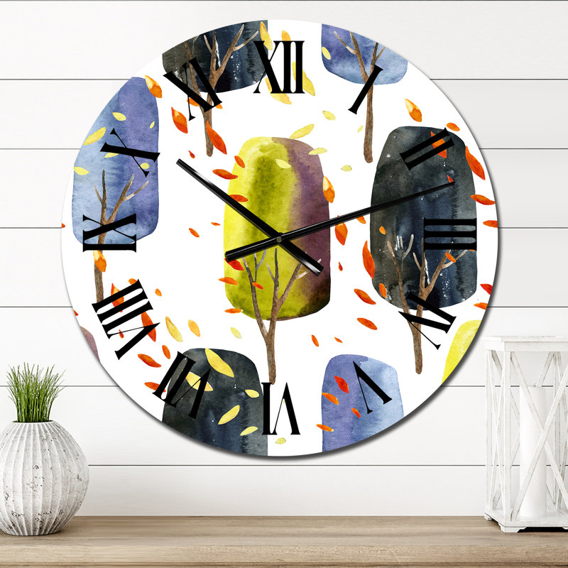 Retro Autumn Trees with Falling Leaves I - Patterned Wall Clock, Small