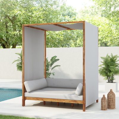 Solmare Modern Coastal Acacia Wood Outdoor Daybed With Canopy And Cushions by Scott Living