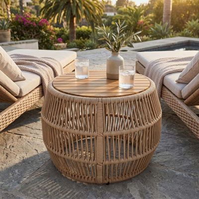 Table d'appoint ronde en bois d'acacia avec structure en corde beige clair, plateau en teck, capacité de 150 lb, aucun assemblage requis, table d'appoint résistante aux intempéries pour le salon de patio