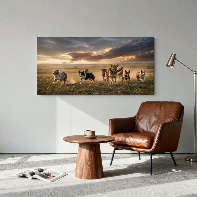 Ensemble de 1 tableau sur toile représentant des chiens en pleine course, L 40 po x H 20 po, Toile tendue