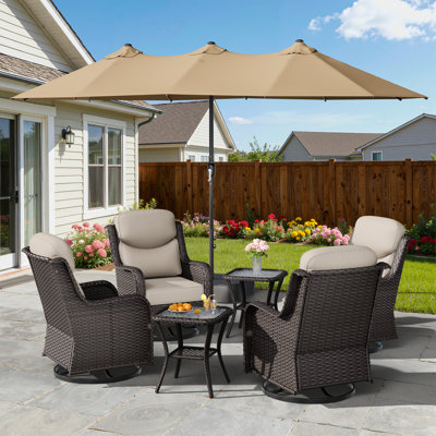 Adcox 4-Person Outdoor Rattan Swivel Chairs Set With Double-sided Patio Umbrella,Side Tables & Beige Cushions