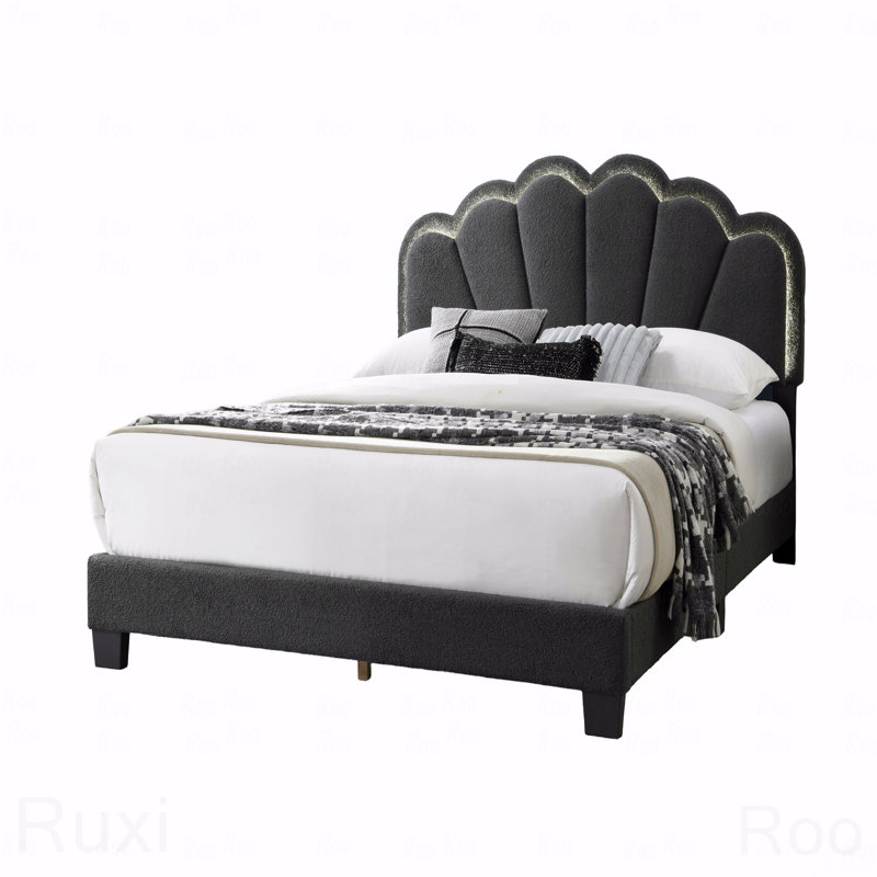 Structure de lit tapissier grand en laine gris anthracite à DEL, Gris anthracite