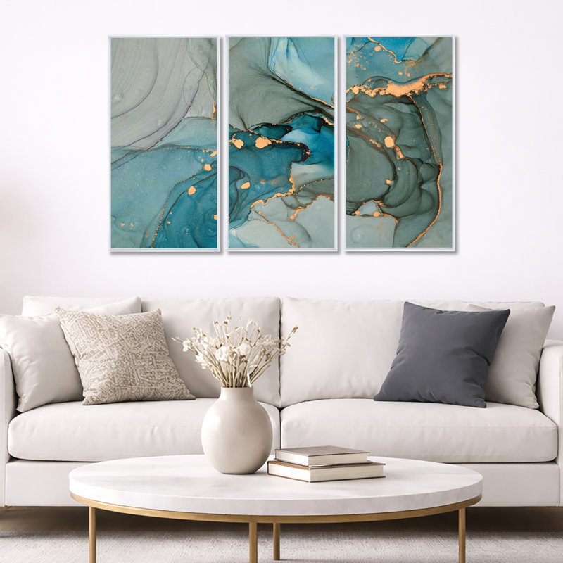 Turquoise doré infusé marbre - ensemble d'art moderne sur toile encadrée moderne de 3, H 32 po x l 48 po, Blanc