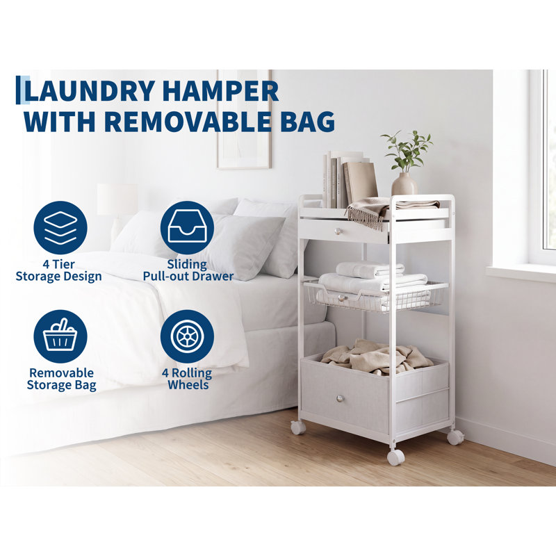 Panier à linge roulant avec tiroirs coulissants, trieur mobile à 4 niveaux, roulettes verrouillables et panier en acier inoxydable, blanc