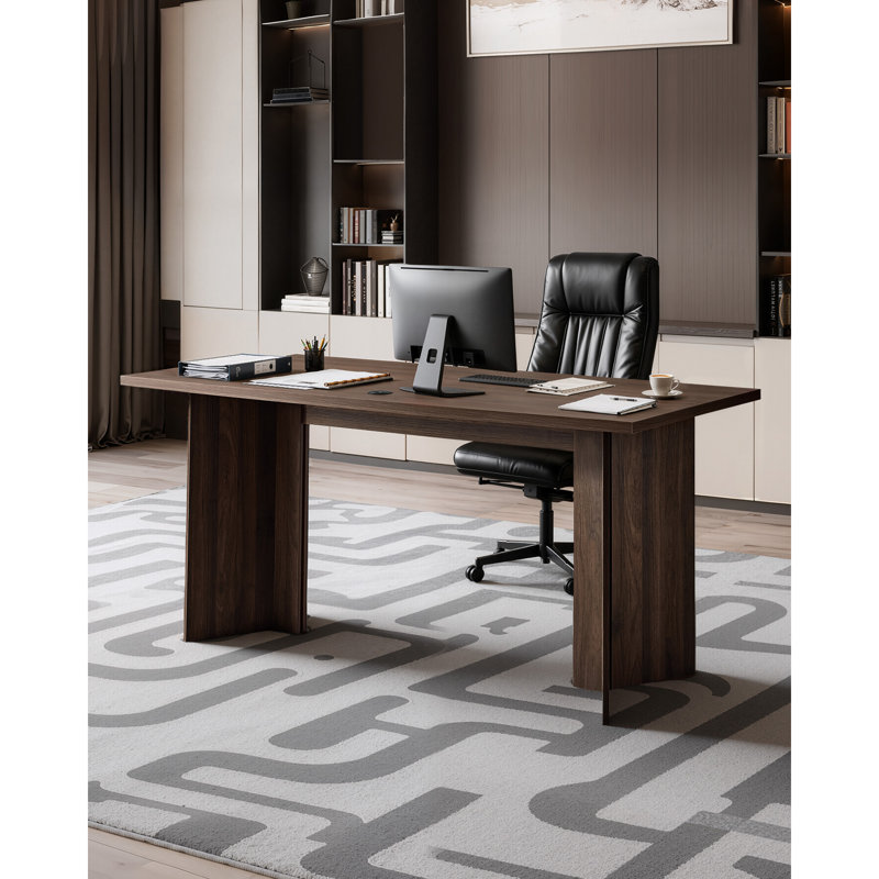 63 in Executive Desk, Large Modern Rectangle Office Table, Heavy Duty Wooden Executive Table with Cable Connection Hole, 250 LBS Load Capacity, Easy Assembly, for Work Study Writing, Walnut