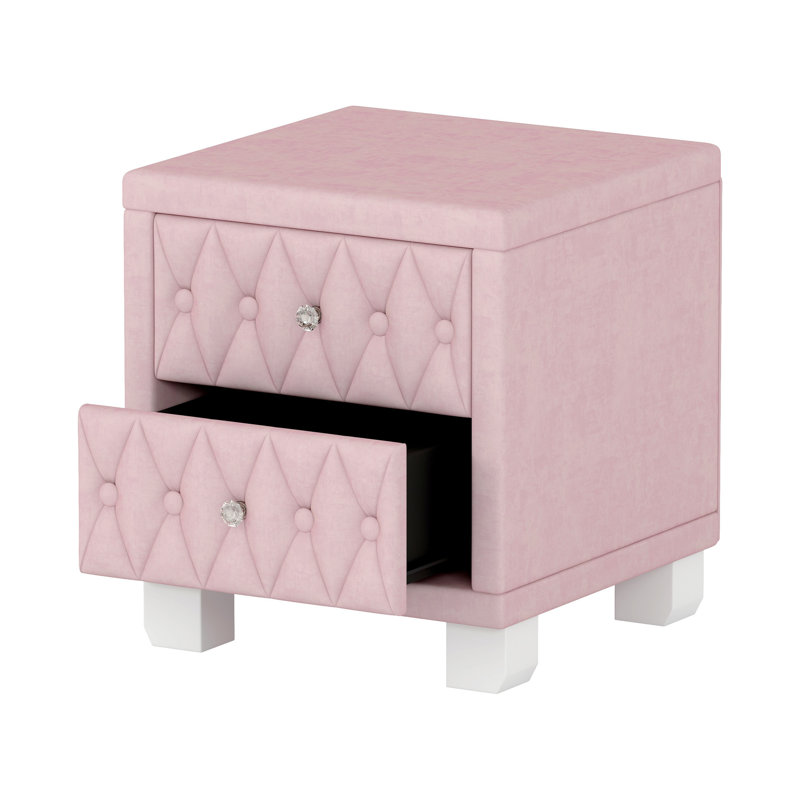 Élégante table de chevet en velours avec 2 tiroirs et poignée en cristal, table de chevet avec capitonnage, Rose