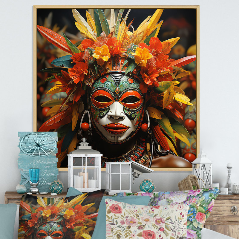 Danse des masques d'Afrique II - décoration murale masque africain, H 16 po x l 16 po x P 1 po, Cadre flottant brun