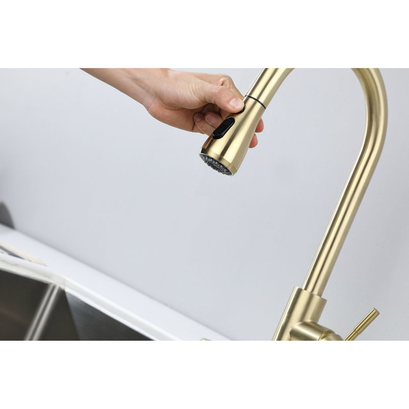 Brushed Gold Kitchen Faucet With Pullout Spray, Stainless Steel Fabrication, 360 Rotating Nozzle, Corrosion & Rust Protection Function