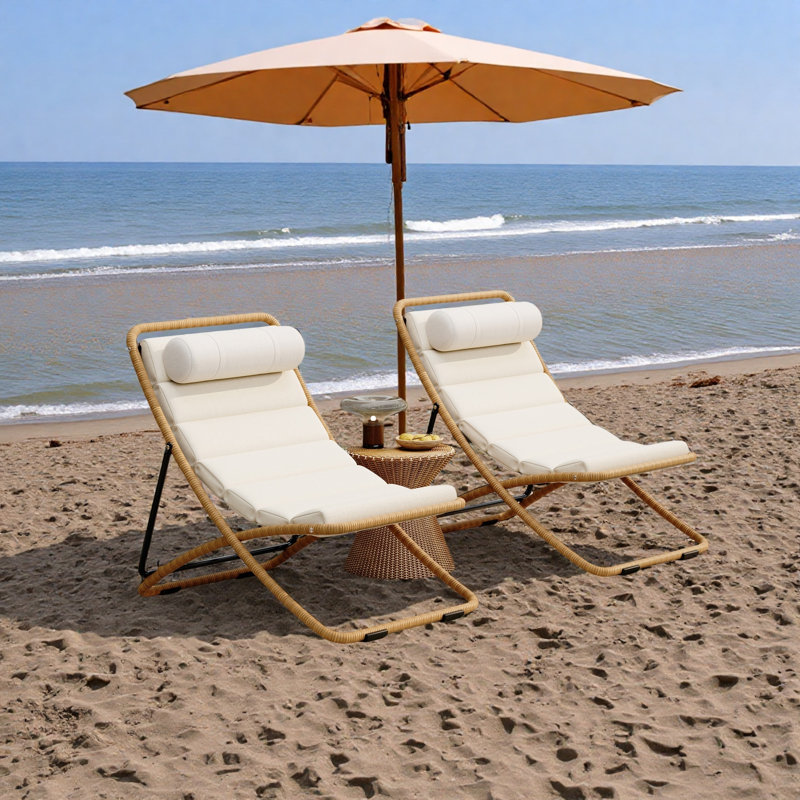 Chaise pliante d'extérieur 2 pièces avec coussin épais et appui-tête amovible, Yellow