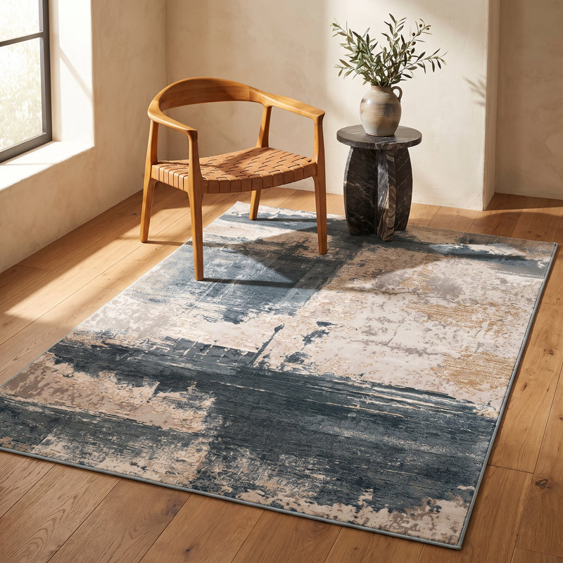 Rug Branch Terano 4' x 6' (3'10" x 5'6") Blue/Beige Abstract Indoor Area Rug, Contemporary, Medium Pile, Stain-Resistant Carpet - Living Room, Bedroom, Dining Room, and Kitchen