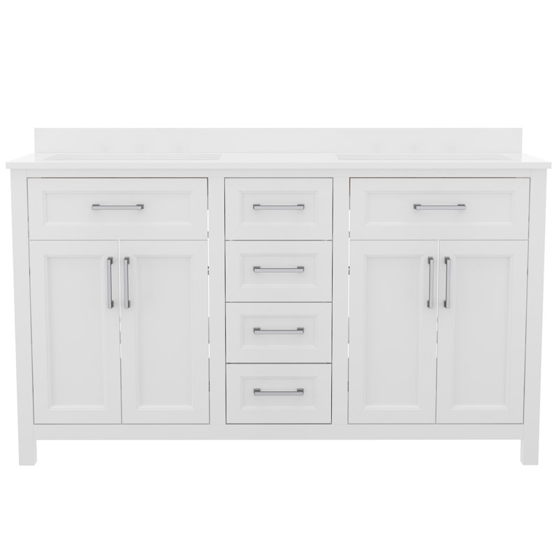 White Double Bathroom Vanity with Gold Hardware and Marble Top