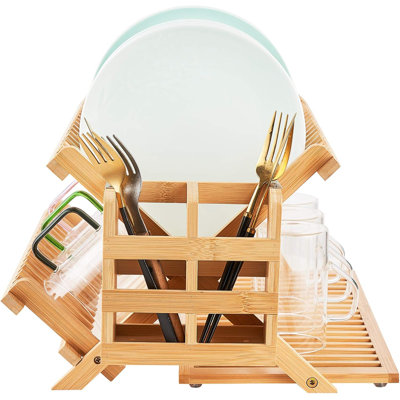 Égouttoir à vaisselle en bambou, égouttoir à vaisselle pliable en bois à 3 niveaux avec porte-ustensiles, support à assiettes pour comptoir de cuisine, grand support pliant de séchage 51 grilles