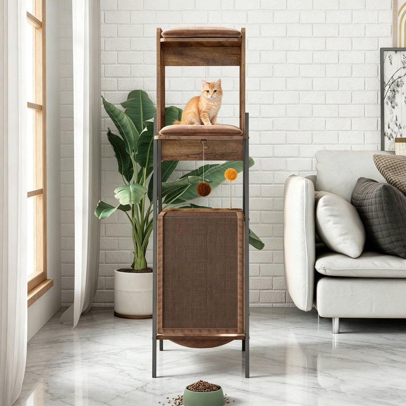 Arbre à chat moderne pour grands chats, tour de 58 pouces avec planche à gratter, grand perchoir, hamac et coussinets amovibles, brun rustique