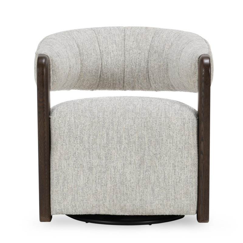 Ivory Bouclé Upholstered Swivel Barrel Chair with Wood Arms
