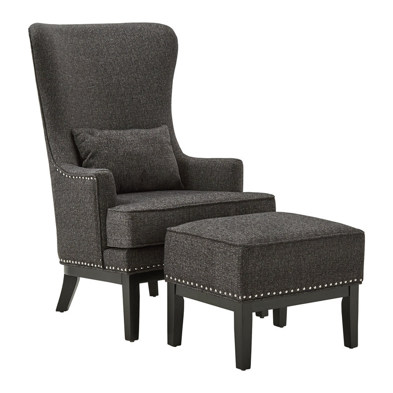 Caistor 77.47Cm Wide Linen Wingback Chair and Ottoman, Black Polyester Blend
