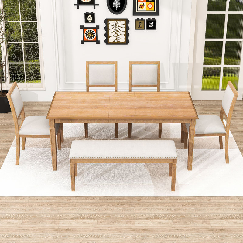 Ensemble de table de salle à manger 6 pièces, table extensible rétro avec rallonge amovible, chaises rembourrées et banc