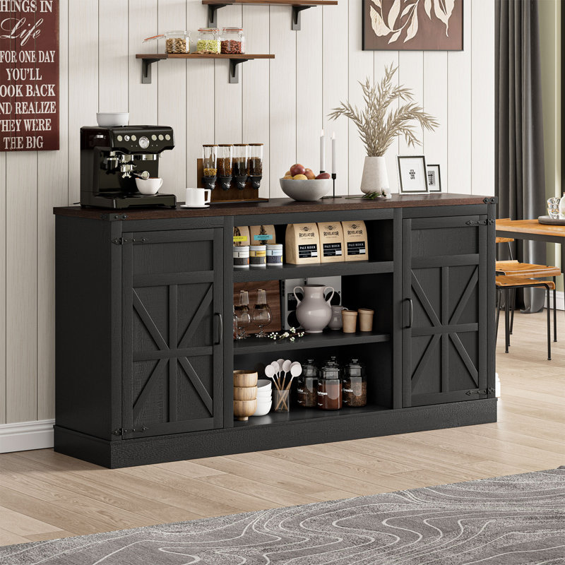 Collings Media Console and TV Stand for TVs up to 75", 33.5”H x 66”L x 15”W, Black/Brown