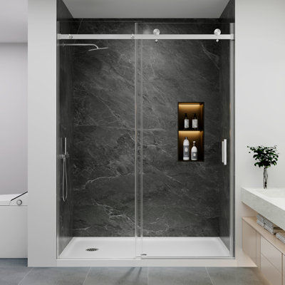 Porte de douche coulissante simple sans cadre de 61 à 66 po x H 76 po en nickel brossé avec verre trempé transparent de 1/4 po (6 mm)