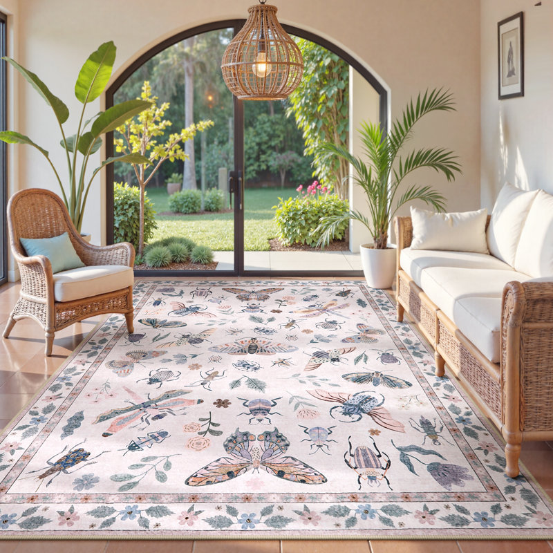 Insect Print Washable Rugs for Living Room Ultra-Thin Non-Slip Modern Bedroom Large Carpet, Rectangle 6' x 9'