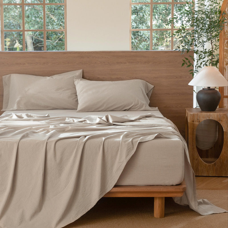 100% Washed Cotton Sheet Set Extra Deep Pocket Linen Like Textured, Queen Sheet Set with 2 Pillowcases, Tannish Linen Gray