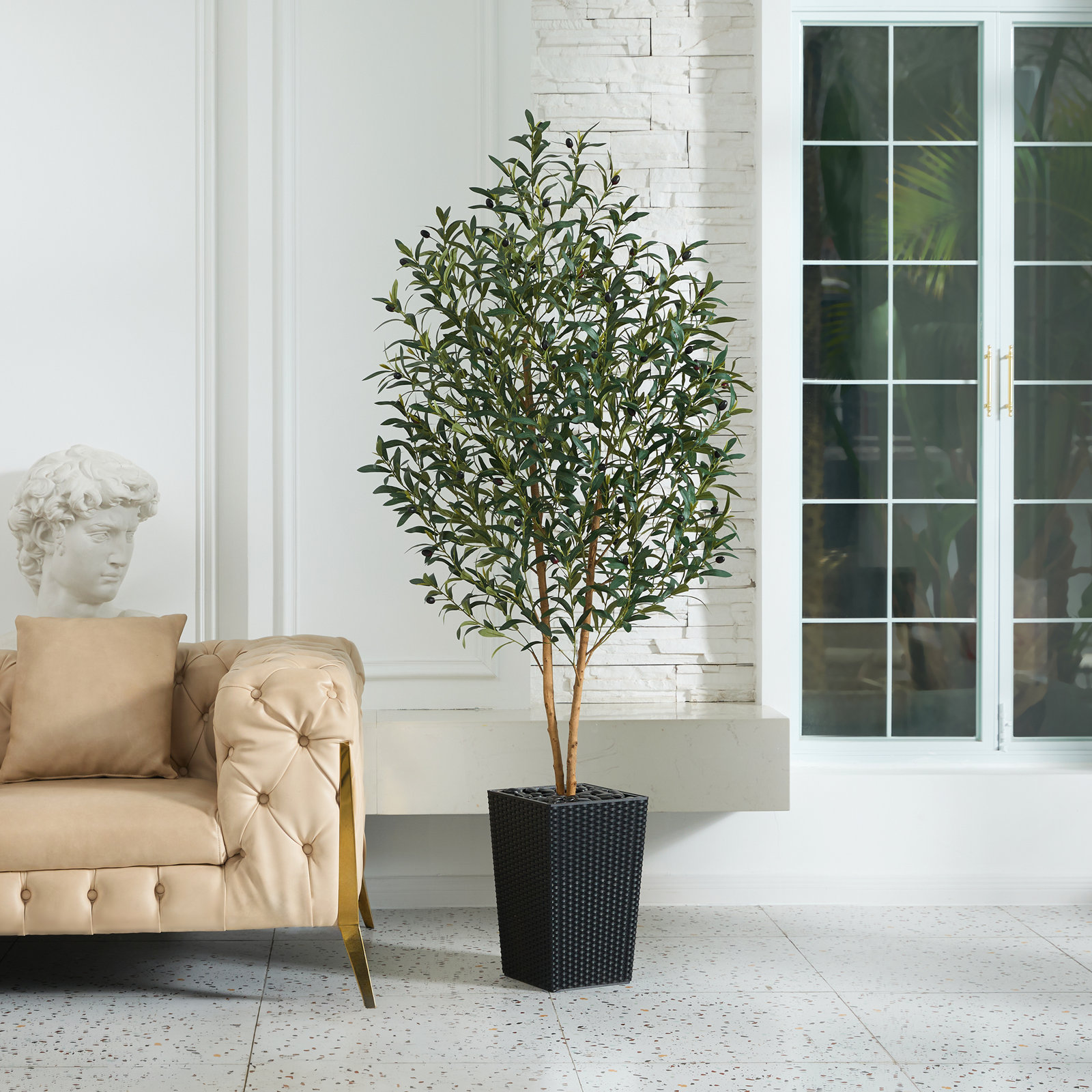 George Olive Tree in Decorative Vase, Black, 72" H x 24" W x 24" D