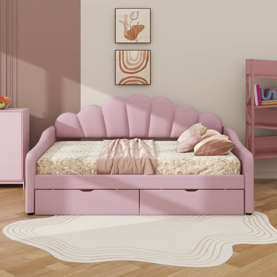 Full Size Upholstery Daybed Frame With Shall Shaped Backrest And 2 Drawers