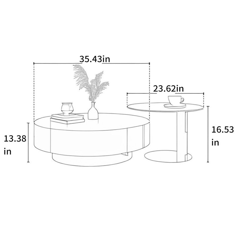 Ensemble de tables basses rondes en acier inoxydable, Noir, noir, noir, noir, H 16,53 po x l 59,05 po x P 35,43 po