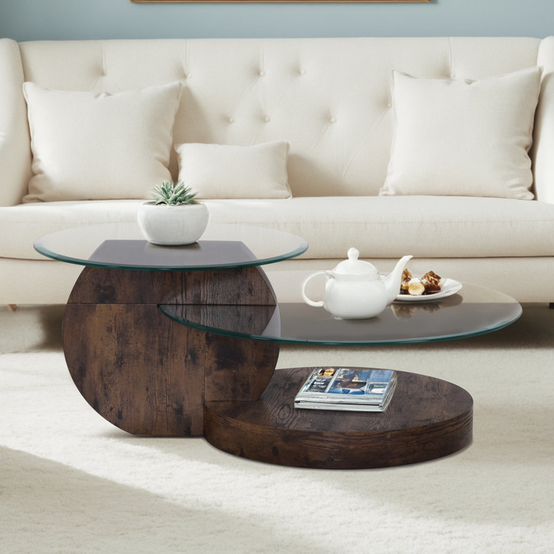 Table basse gigogne moderne avec plateau en verre, Noyer