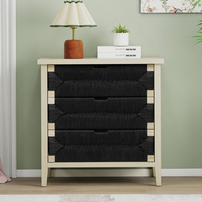 3 Drawer Buffet Sideboard With Adjustable Shelves, Storage Cabinet With Natural Seaweed Decor Doors For Living Room Kitchen Entryway