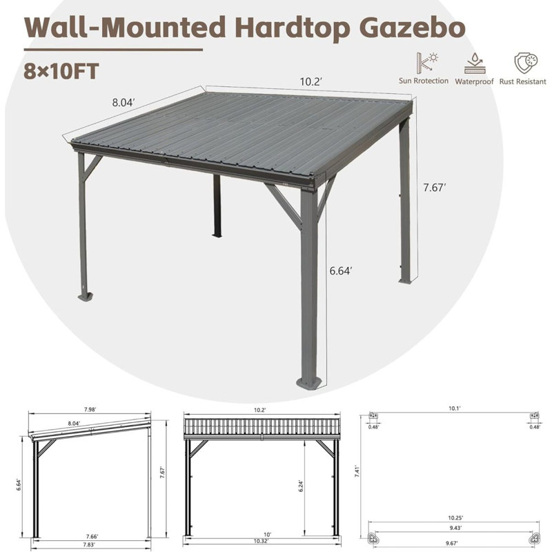 8' X10' Lean To Gazebo With Upgraded Drainage System, Wall Mounted Gazebo Hardtop Galvanized Steel Sloping Roof For Patio Deck Backyard Lawn Party(Gray)