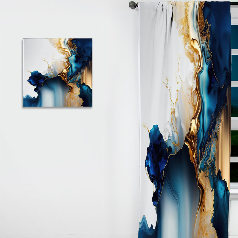 Géode abstraite dorée et marbre bleu I - Rideau moderne - Velours obscurcissant - 1 panneau, L 52 po x L 84 po