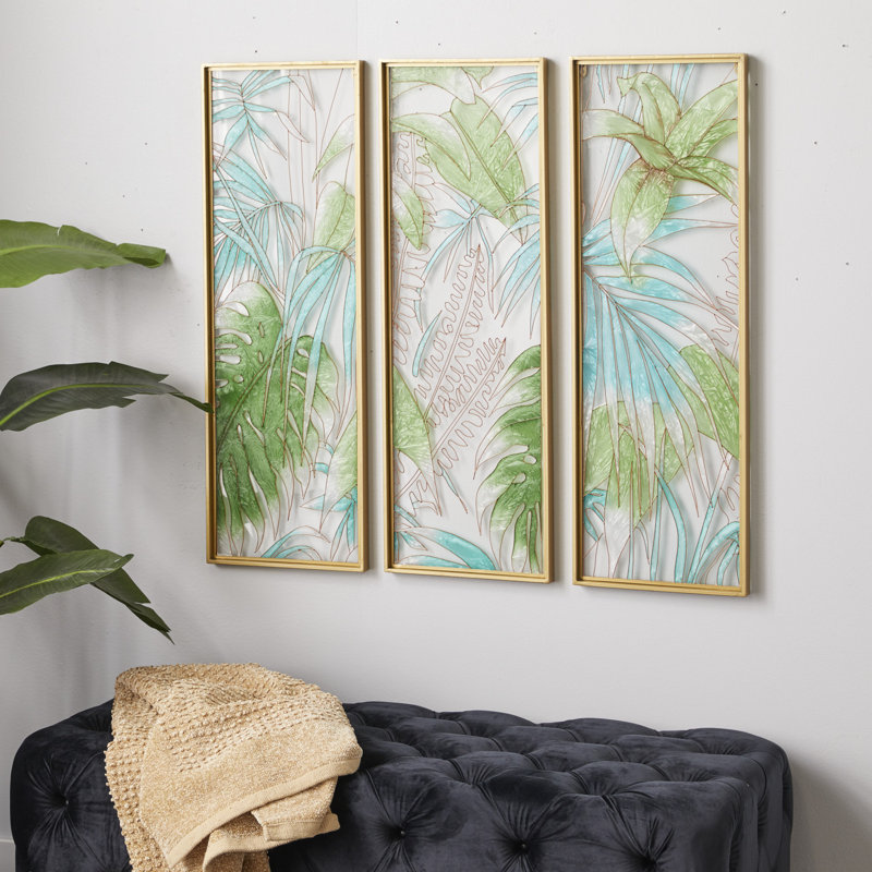 Green and Gold Tropical Leaf Tiffany Glass Framed Wall Decor Set