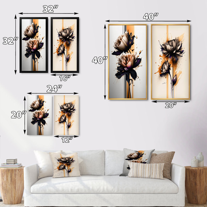 «Orange Dahlia Flower On Abstract Fusion I», 2 pièces sur toile, Encadrement doré, H 32 po x l 32 po