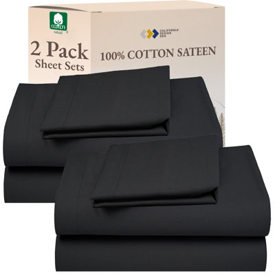 California Design Den Pack Of 2 Natural 100% Cotton Sheet Sets - Soft Sateen, Lightweight, Breathable & Durable Bedding In Dark Grey (black Tone)