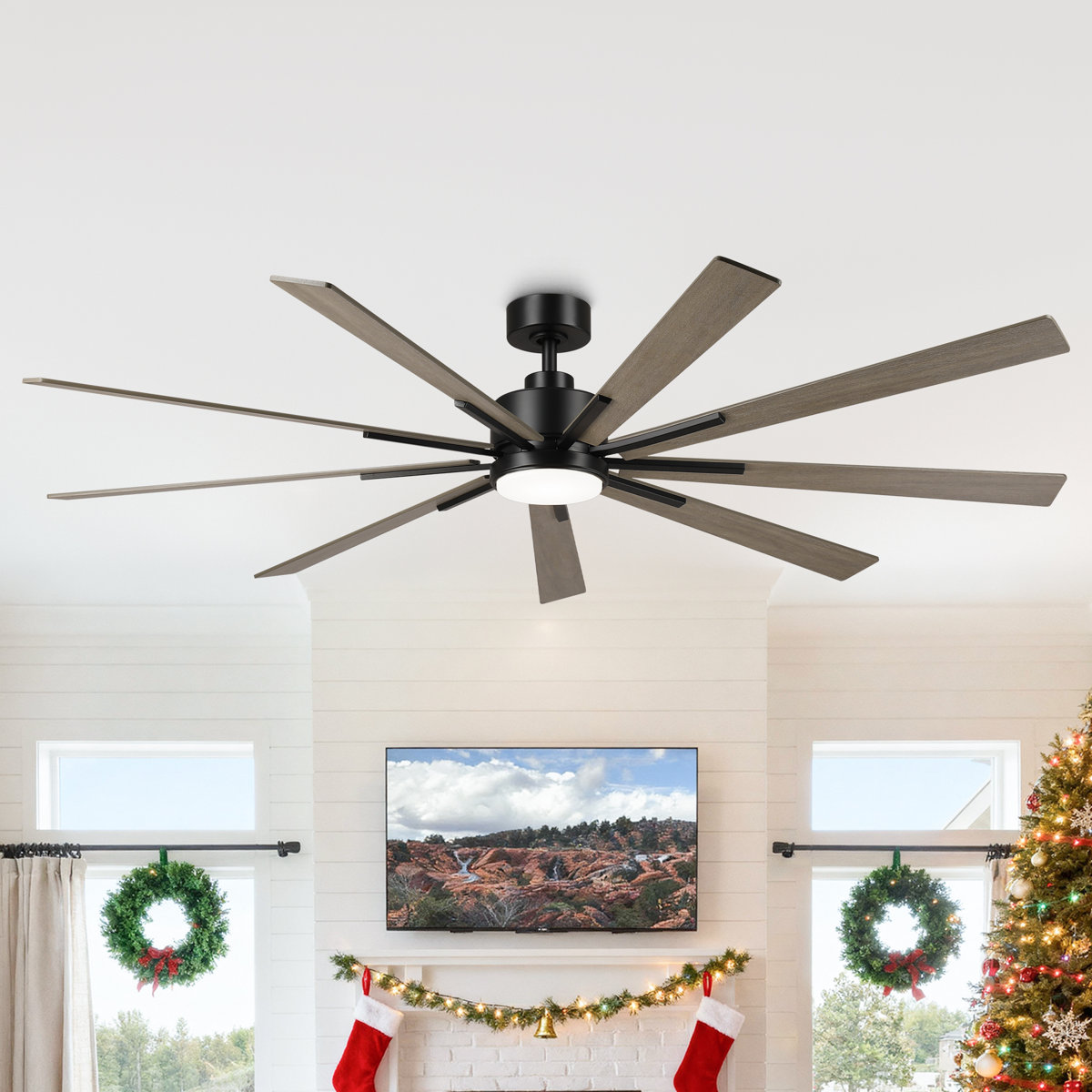 72" 9 - Blade Windmill Dimmable LED Ceiling Fan With Remote Control, 6-Speed Reversible DC Motor, 3 Color Lights, 5"/10" Downrods