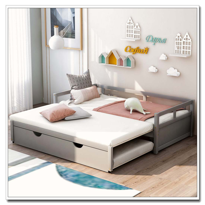 Lit de jour extensible avec couchette, lit de jour en bois avec couchette, Gris