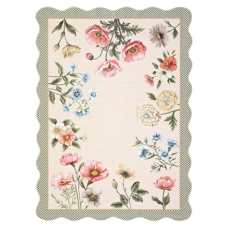 Scalloped Rug Machine Washable Floral Living Room Rugs Non Slip Bedroom Carpet for Nursery Dining Room Dorm Office, Beige