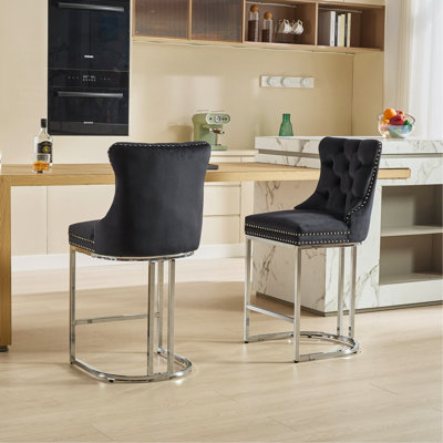 25" Counter Height Bar Stools Set Of 2, Modern Velvet Barstools With Button Back&Rivet Trim Upholstered Kitchen Island Chairs With Sturdy Chromed Metal Base Legs Farmhouse Bar Stools, (Black,2 Pack)