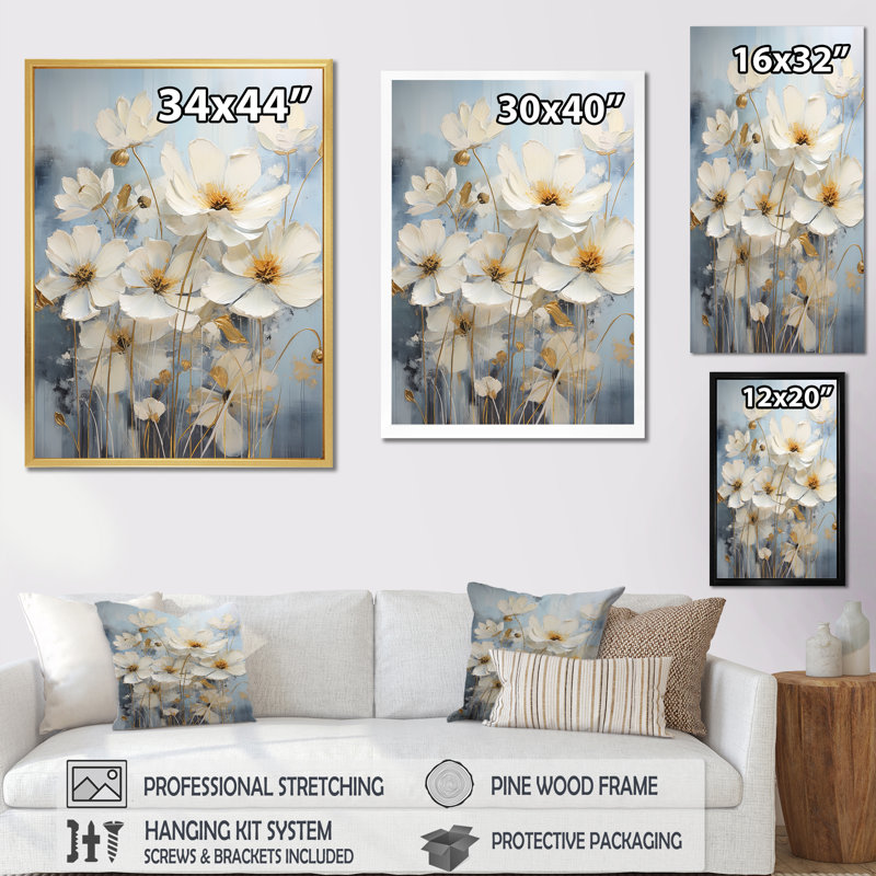 Minimalisme beige et renoncules bleus sur fond bleu I sur toile, Cadre naturel flottant, H 32 po x l 16 po x P 1 po