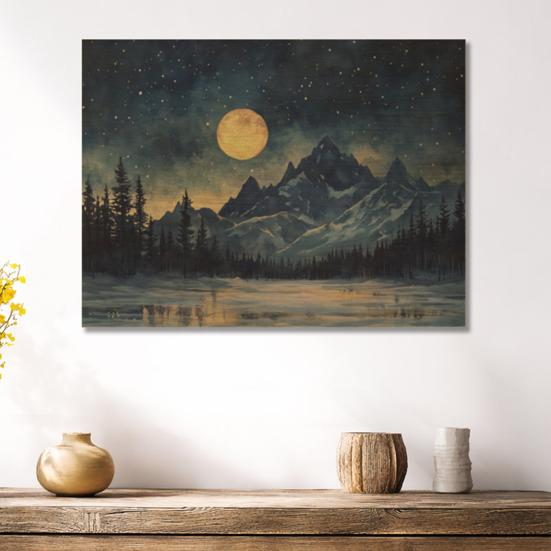 Ciel nocturne sur la chaîne de montagnes - Décoration murale céleste en bois, 23" Round, Round