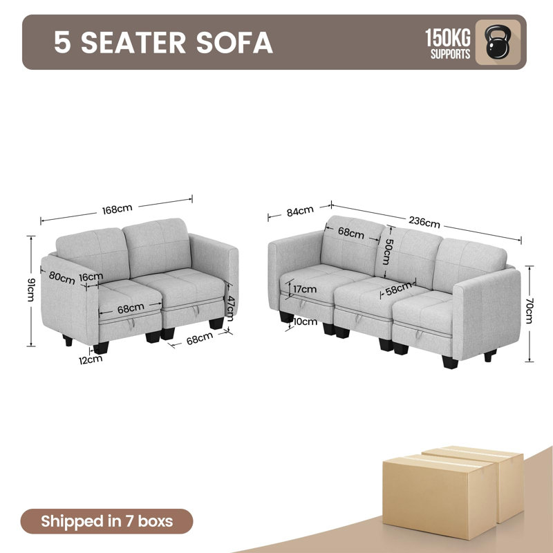5 Seater Fabric Corner Sofa , Light Grey