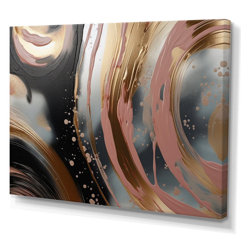 Abstrait, or et rose, encre liquide, cercles I - encre liquide abstraite, art mural, Toile tendue, H 12 po x l 20 po x P 1 po