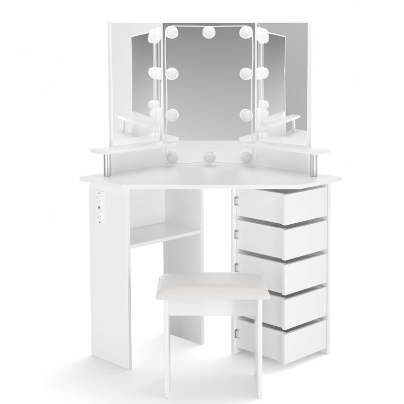 Greyden Tri-Fold Vanity Set with 5 Rotating Drawers and Outlets, White